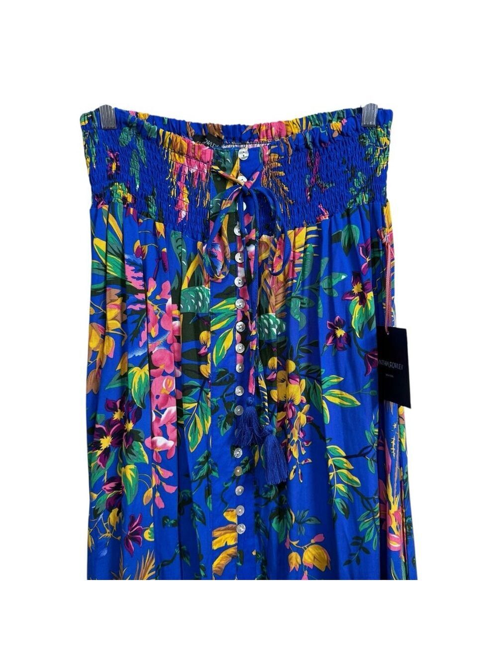 Cynthia Rowley NWT Floral Maxi Skirt Blue Tropical Print Smocked Waist Size Larg - Picture 2 of 9